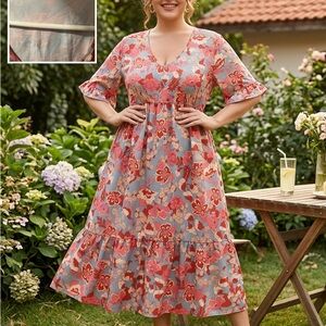 Floral V-Neck Midi Dress in Coral and Gray